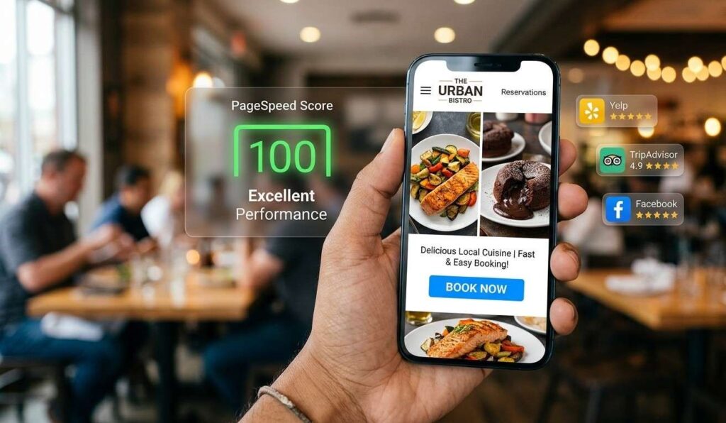 A diverse hand holding a modern smartphone, viewed from the perspective of the user. The phone screen loads a vibrant, optimized restaurant website instantly, showing appetizing food photos and a clear "Book Now" button. Behind the phone, a blurred dashboard visual indicates "PageSpeed 100." Icons for Yelp, TripAdvisor, and Facebook recommendations float subtly in the background, showing high ratings. Bright, contemporary style.