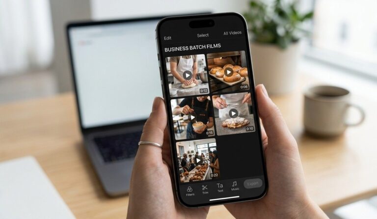 A high-quality smartphone screen mockup displaying a video editing or media gallery interface. The screen showcases five short, freshly filmed video clips of a local business environment (such as behind-the-scenes prep and finished products), illustrating a quick batch-filming session. The background shows a clean, modern workspace.