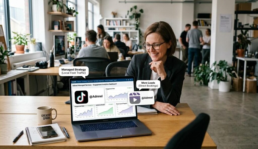 A relaxed social media manager working in a modern office, similar to the setting in image_0.png, smiling while reviewing an engagement analytics dashboard on a laptop with TikTok and Reels logos, representing the managed social media service offered by Adnnel.