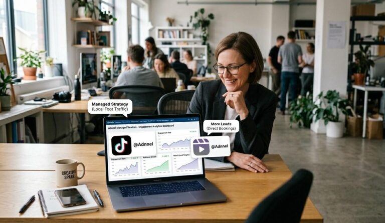 A relaxed social media manager working in a modern office, similar to the setting in image_0.png, smiling while reviewing an engagement analytics dashboard on a laptop with TikTok and Reels logos, representing the managed social media service offered by Adnnel.