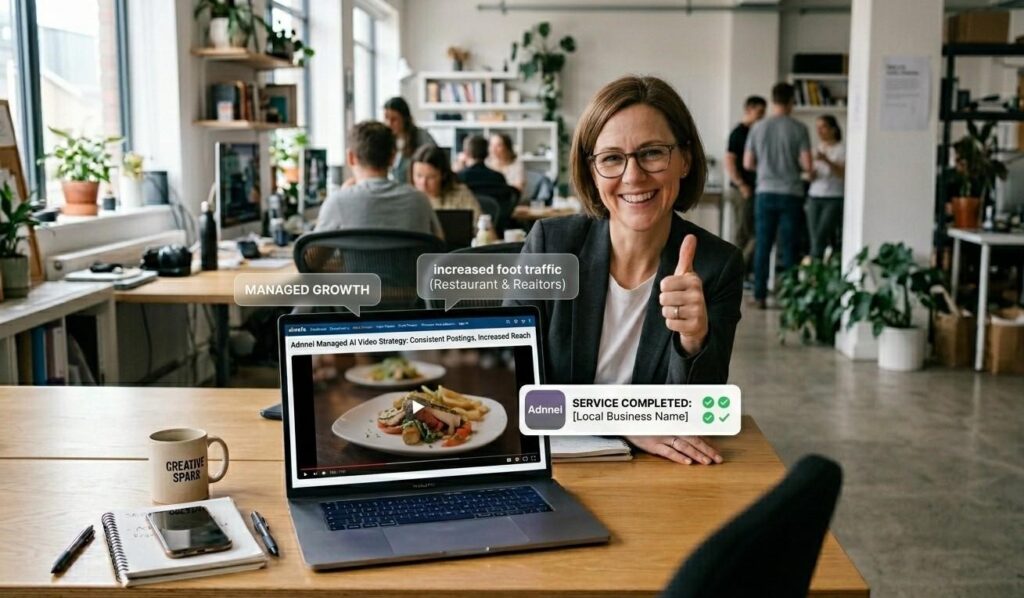The professional female social media manager from image_18.png is featured, but from a slightly low angle, smiling and giving a confident thumbs-up while a video plays on her laptop screen. The screen dashboard title is clearly visible: 'Adnnel Managed AI Video Strategy: Consistent Postings, Increased Reach'. The surrounding workspace of image_18.png remains, with added emphasis on success and managed service benefits, suitable for a closing website call to action.