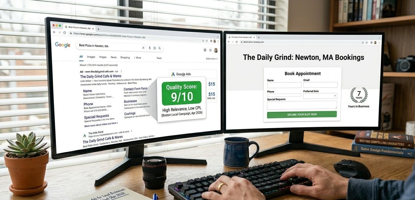 A modern dual-monitor desktop setup in a bright home office. The left monitor shows a Google Search results page with a local business ad clearly displaying a "Quality Score: 9/10" badge next to it. The right monitor shows the corresponding clean, distraction-free landing page featuring a prominent "Book Appointment" form above the fold. A green plant and a mechanical keyboard sit on the desk. Hyper-realistic, professional workspace photography.