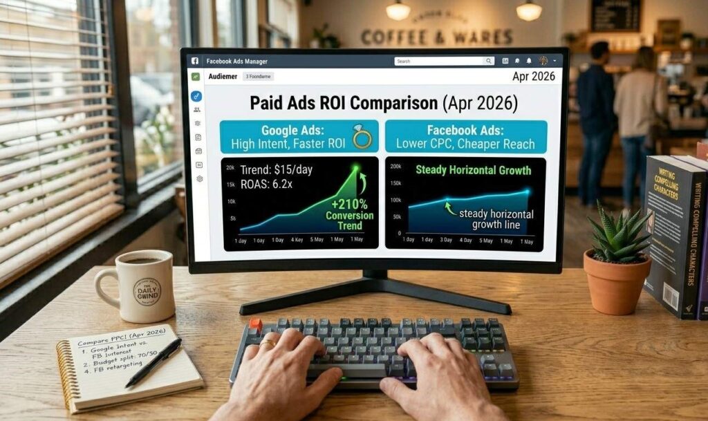 A modern dual-monitor setup in a bright home office. The left monitor shows a Google Ads search campaign budget allocation wheel set to 70% for capturing active local search leads. The right monitor shows a Facebook Ads audience targeting map set to 30% for local brand awareness and retargeting. A notebook on the desk features handwritten notes reading "PPC Split Strategy: 70% Google Search / 30% Meta Retargeting". High-quality, realistic workspace photography, perfectly matching image