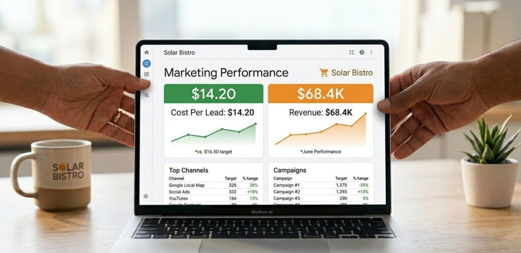A clean, minimalist close-up shot of a laptop screen displaying a transparent, easy-to-read marketing performance report that focuses on "Cost Per Lead" and "Revenue," held by two hands collaborating over a desk.