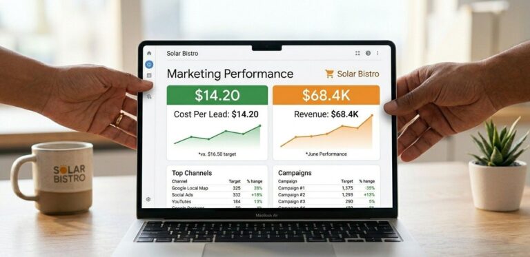 A clean, minimalist close-up shot of a laptop screen displaying a transparent, easy-to-read marketing performance report that focuses on "Cost Per Lead" and "Revenue," held by two hands collaborating over a desk.