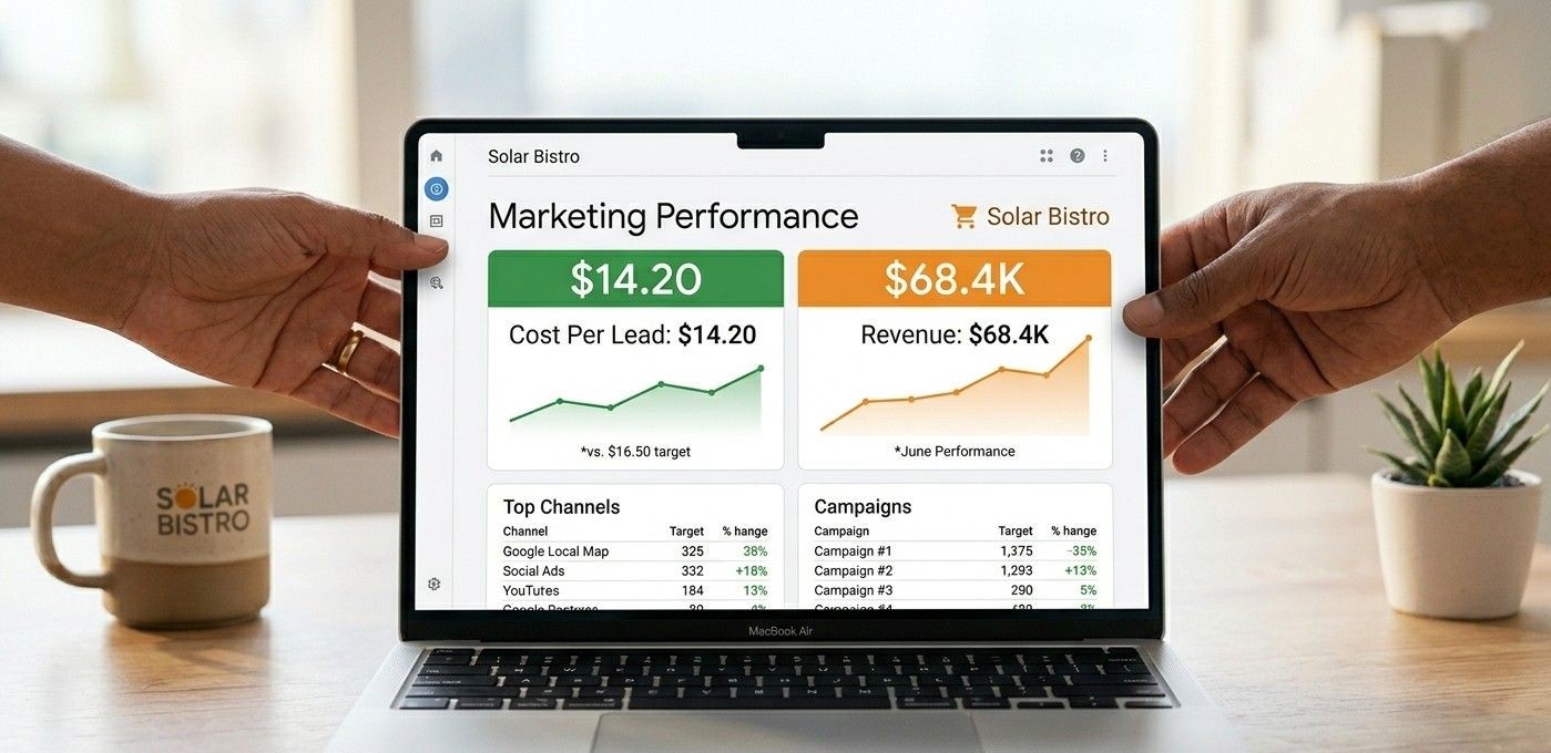 A clean, minimalist close-up shot of a laptop screen displaying a transparent, easy-to-read marketing performance report that focuses on "Cost Per Lead" and "Revenue," held by two hands collaborating over a desk.