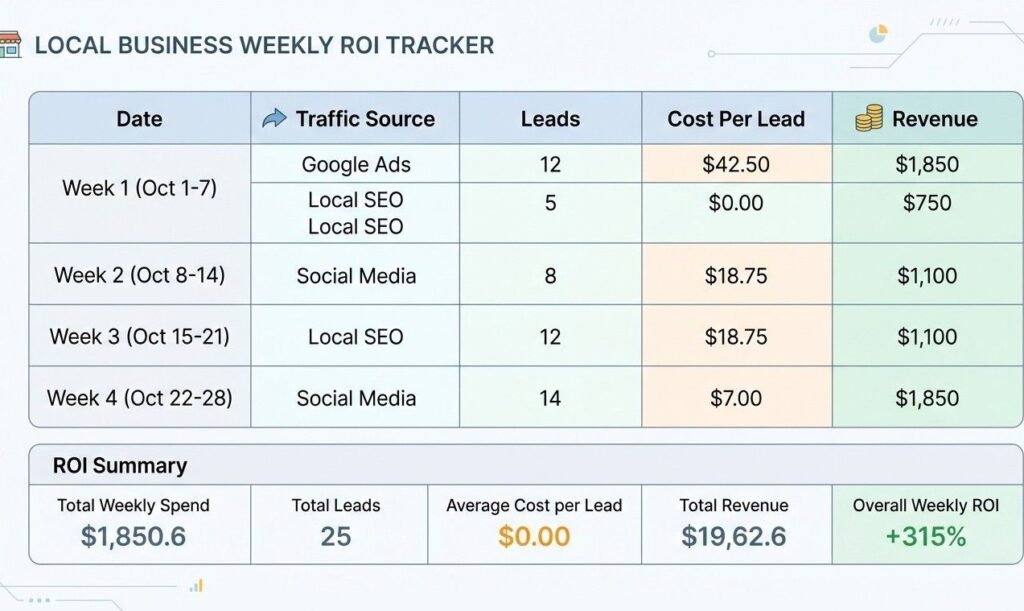 A minimalist and simple weekly tracking spreadsheet graphic. The column headers show 'Date,' 'Traffic Source,' 'Leads,' 'Cost Per Lead,' and 'Revenue,' demonstrating the easiest way for local businesses to track ROI.