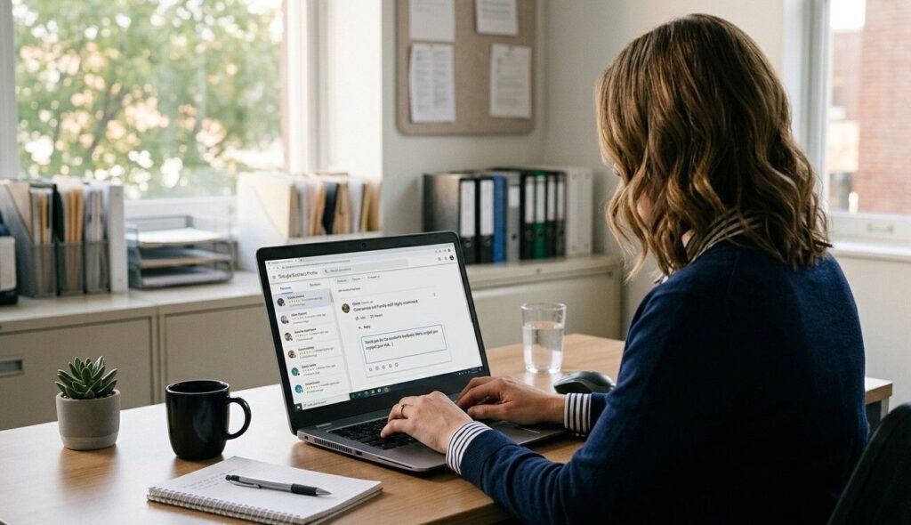 An over-the-shoulder perspective shot of a person sitting at a tidy desk in a back office during daytime. On a large laptop screen, the Google Business Profile dashboard is visible. The person is actively typing a polite and professional response into the text box of a customer review. The lighting is natural and calm, suggesting a consistent, thoughtful habit.