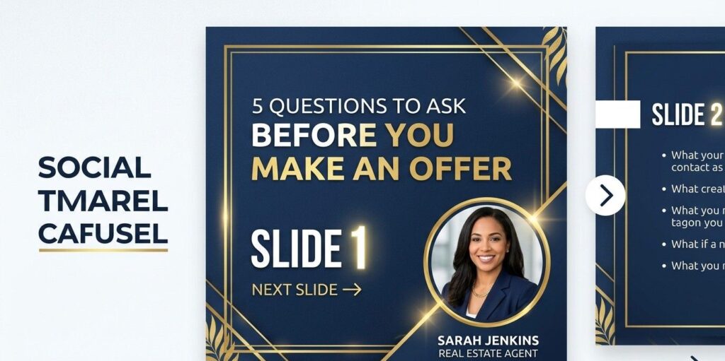 A clean, modern social media "Carousel" graphic. The first slide is visible and features bold, clear text: "5 Questions to Ask Before You Make an Offer". The design uses professional brand colors (like navy blue and gold) and a small, professional headshot of the agent in the corner.