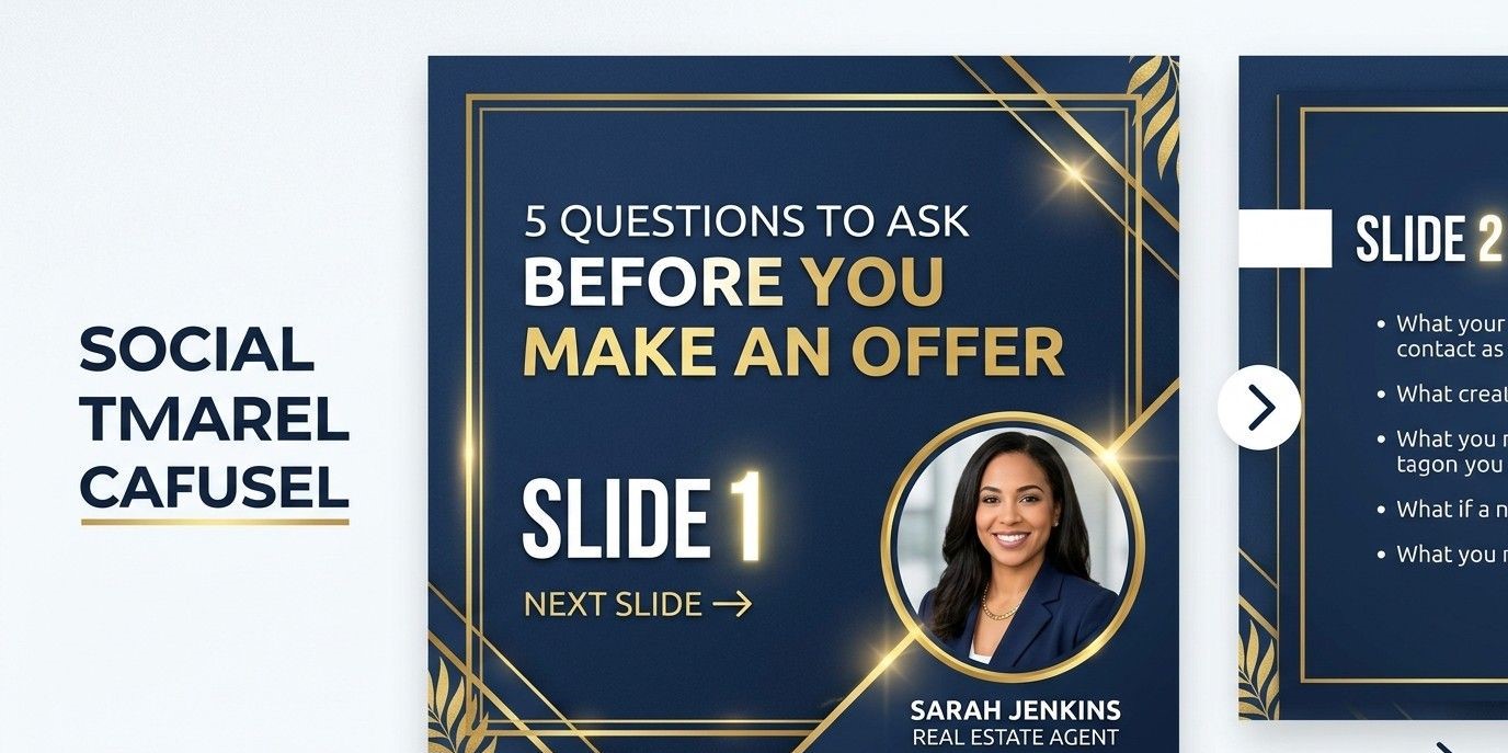 A clean, modern social media "Carousel" graphic. The first slide is visible and features bold, clear text: "5 Questions to Ask Before You Make an Offer". The design uses professional brand colors (like navy blue and gold) and a small, professional headshot of the agent in the corner.