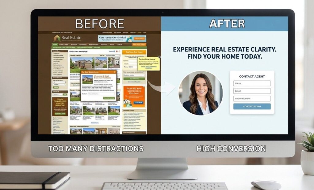 A side-by-side comparison layout on a large desktop monitor. The left side shows a cluttered, busy website homepage labeled "Too Many Distractions." The right side shows a clean, minimalist real estate landing page with a bold headline, a professional agent headshot, and a simple 3-field contact form labeled "High Conversion." The image uses a "before and after" visual style to emphasize clarity.