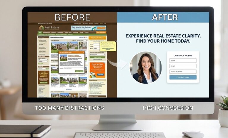 A side-by-side comparison layout on a large desktop monitor. The left side shows a cluttered, busy website homepage labeled "Too Many Distractions." The right side shows a clean, minimalist real estate landing page with a bold headline, a professional agent headshot, and a simple 3-field contact form labeled "High Conversion." The image uses a "before and after" visual style to emphasize clarity.