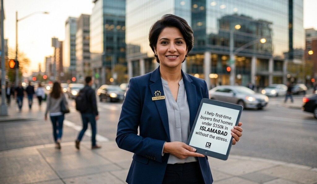 A confident, authentic real estate agent standing on a busy but slightly blurred modern city street corner during golden hour. They are directly looking into the camera lens with an approachable and trustworthy expression. The agent is wearing a sharp, personalized branding lapel pin on their blazer. They hold a physical tablet displaying a niche personal branding message: "I help first-time buyers find homes under $350k in [City Name] without the stress." The overall lighting is warm, conveying reliability, local expertise, and authority.