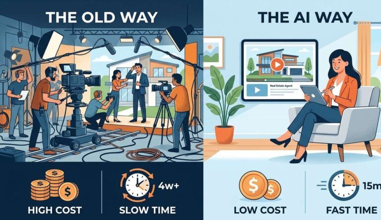 A comparison illustrating the high cost of traditional camera crews versus the efficiency of using AI for real estate video marketing.