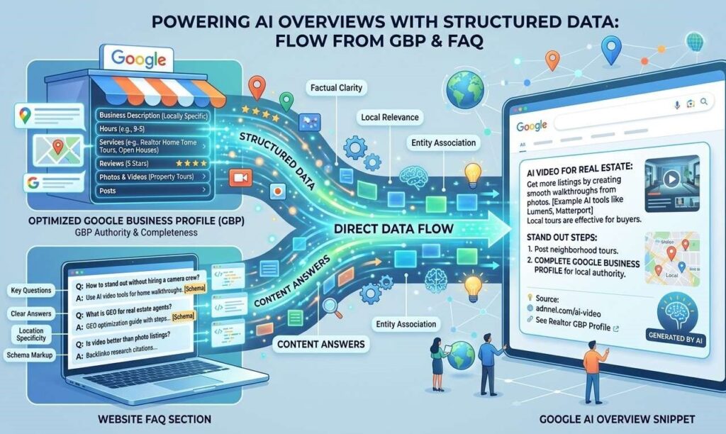 A visualization showing data flowing from an optimized Google Business Profile and a website's FAQ section directly into a Google AI Overview snippet.
