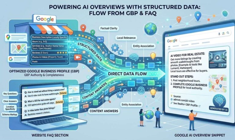 A visualization showing data flowing from an optimized Google Business Profile and a website's FAQ section directly into a Google AI Overview snippet.