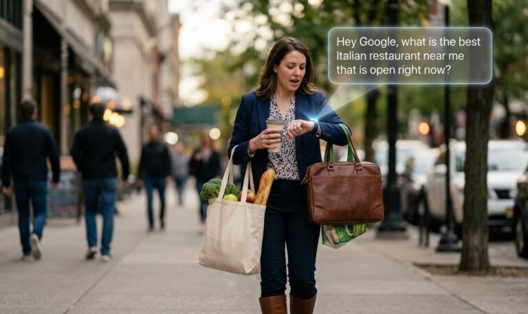 A realistic photo of a person (like a busy mom or a professional on the go) multitasking, perhaps holding groceries or a briefcase. They are looking at their wrist (smartwatch) or smart speaker, actively speaking a long query. A glowing, floating text bubble above them reads: "Hey Google, what is the best Italian restaurant near me that is open right now?" indicating the natural, conversational style of voice search queries that AEO targets. Style: High-quality professional candid photography with natural lighting.