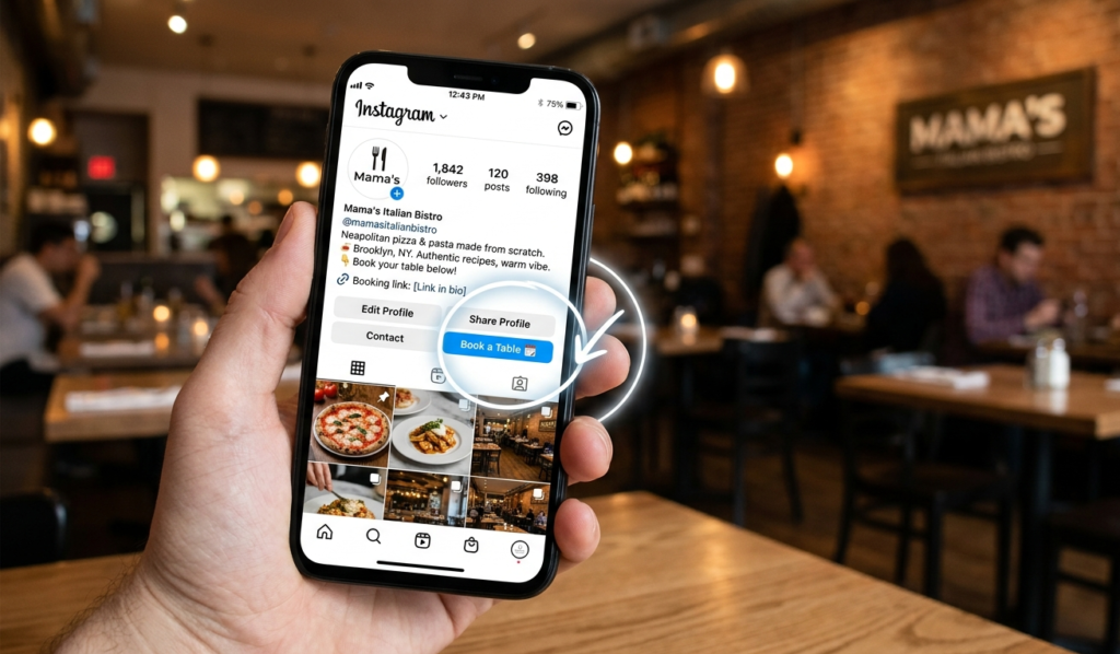 A close-up, high-quality photograph of a smartphone displaying an Instagram profile screen for a fictional small bistro. The "link in bio" area is highlighted with a subtle glowing ring or arrow, pointing directly to a clear "Book a Table" button. The bio text visible on the screen is concise and actionable, matching the blog's advice (e.g., "Authentic Italian. Brooklyn, NY. 👇 Book below!"). The background is a gently blurred, inviting restaurant interior.