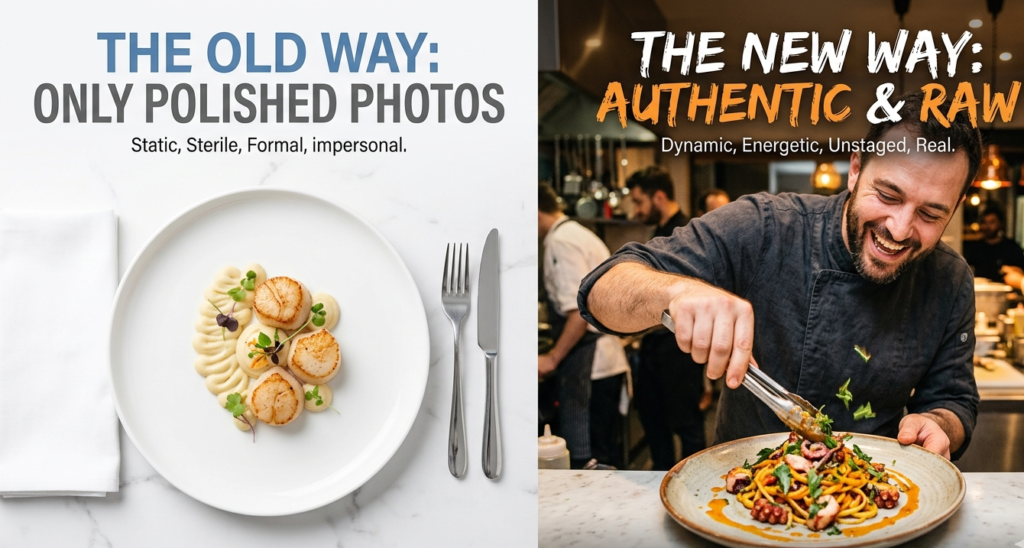 A split-screen digital illustration or photograph comparison. The left side is labeled "The Old Way: Only Polished Photos" and shows a perfectly staged, sterile photo of a single plate. The right side is labeled "The New Way: Authentic & Raw" and shows an energetic, slightly grainy, action shot (or still from a video) of a chef laughing while actively plating a vibrant dish, emphasizing motion and personality.