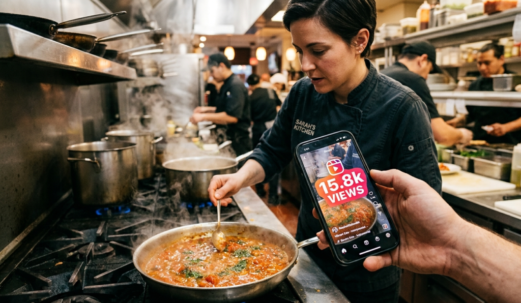 A dynamic, eye-level photograph of a chef or owner in a bustling kitchen holding a smartphone, actively filming a vibrant, bubbling sauce in a pan. The phone screen clearly displays the Instagram Reels interface with a high view count graphic (e.g., 15k views) visibly overlaid. This visual directly represents the section on using Reels to reach new customers through behind-the-scenes content.