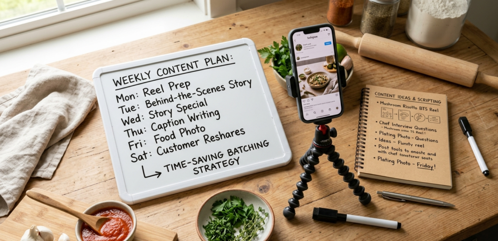 A neat, organized top-down photograph on a kitchen prep table. It shows a small whiteboard with a simple weekly content plan (e.g., "Mon: Reel Prep, Wed: Story Special, Fri: Food Photo"), alongside a smartphone mounted on a small tripod, a notebook with content ideas, and a couple of prepared ingredients. This image symbolizes the strategy of batching content generation to save time.