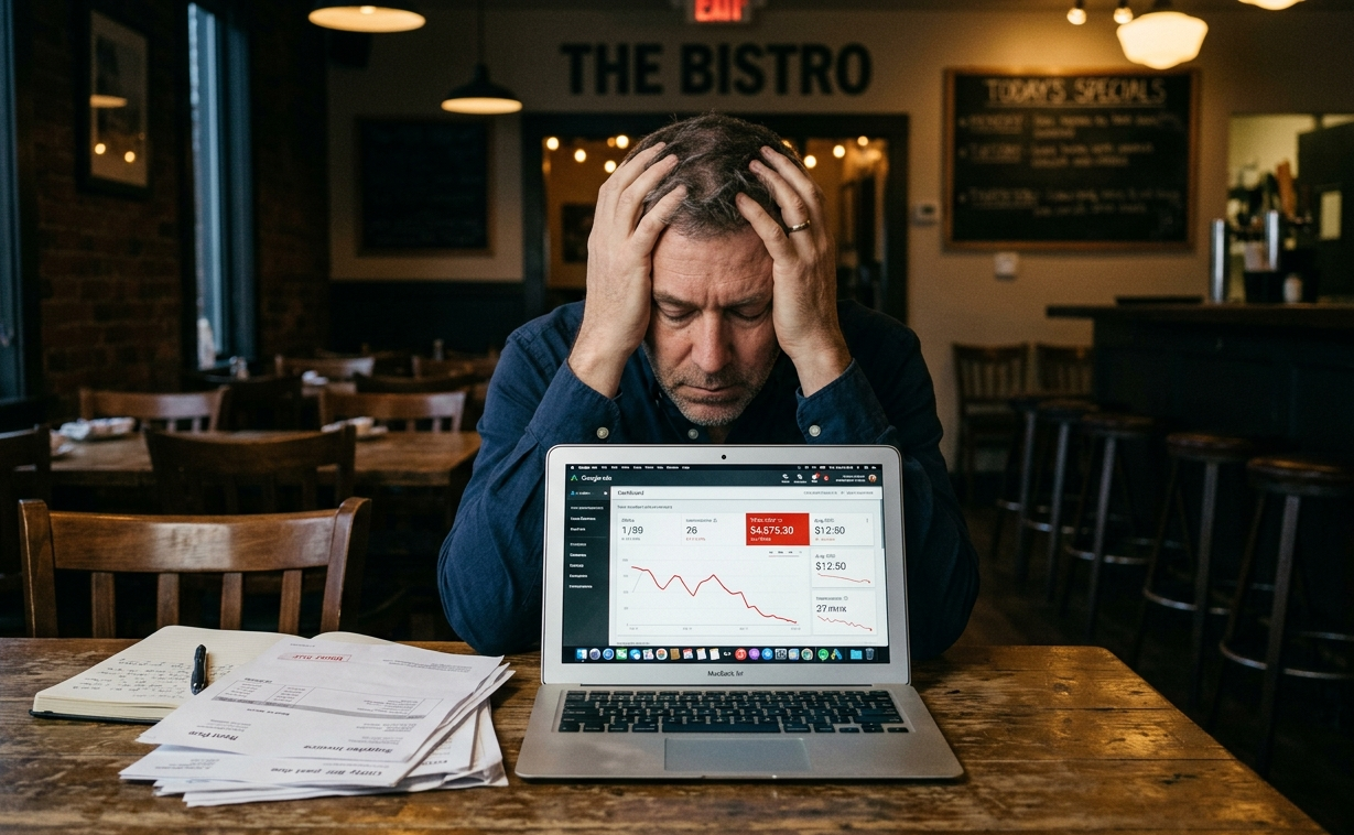 A close-up photograph of a stressed restaurant owner sitting at a wooden table in a dimly lit, empty bistro. He is holding his head in his hands, looking down at a laptop screen displaying a Google Ads dashboard with a red line trending downwards and a high "Cost" figure. A stack of unpaid bills is next to the computer, and the empty dining room is visible but blurred in the background, emphasizing the lack of customers.