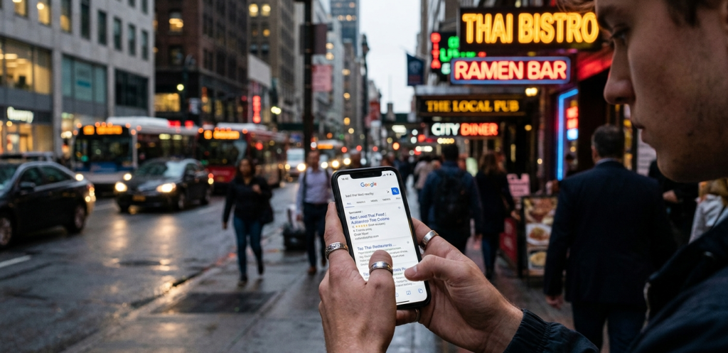A candid, street-style photo focusing on a person's hands holding a smartphone on a busy city sidewalk at dusk. The phone screen clearly shows a Google Search result page with the top result being a prominent "Sponsored" text ad for "Best Local Thai Food." In the background, out of focus, neon restaurant signs are beginning to light up, capturing the moment a hungry customer makes a decision.