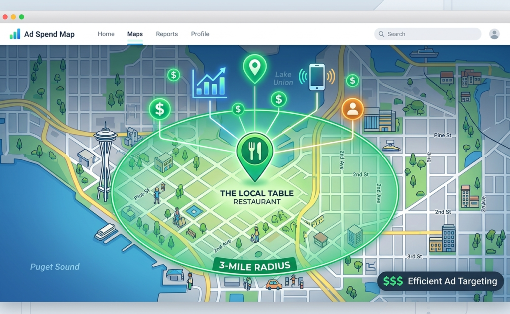 A clean, modern digital illustration showing a stylized map of a specific city neighborhood. A glowing green pin is dropped on a restaurant icon. Surrounding the pin is a perfect circles showing a tight, translucent "3-mile radius" highlight. Digital data points and currency icons ($) float above the targeted area, connected by glowing lines to the restaurant, symbolizing efficient, localized ad spend.