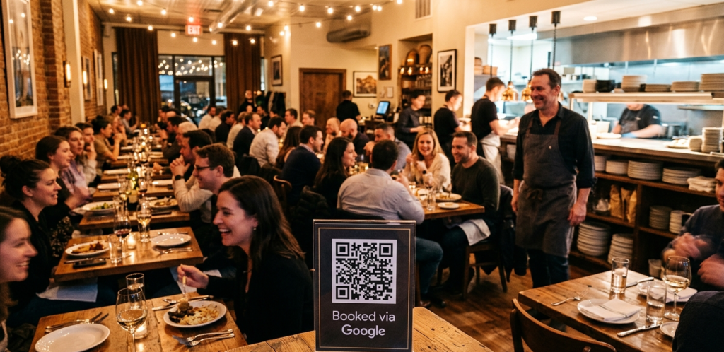 A vibrant, wide-angle photograph of a bustling, successful restaurant dining room during evening service. Every table is full of happy customers laughing, eating, and drinking. The atmosphere is warm and inviting. In the foreground, focused sharply, a small tabletop sign includes a QR code and the text "Booked via Google." In the background, the satisfied restaurant owner watches the busy scene from near the kitchen door, smiling.