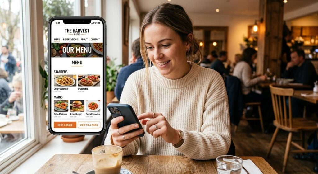 Customer browsing a restaurant website on a smartphone with the menu and reservation button visible