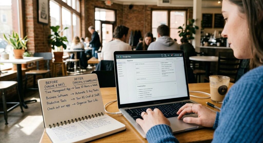 Marketer writing Google Ads headlines on a laptop with a notepad of before and after copy examples