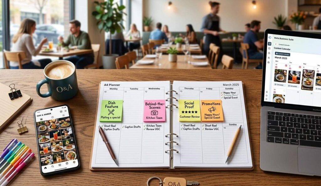 A brightly lit, overhead photograph (flat lay style) of a modern restaurant manager's wooden desk, which serves as the hero image for a blog post. In the center is an open, organized planner showing a weekly view (Monday to Sunday) with colorful sticky notes and icons labeling different content pillars: 'Dish Feature,' 'Behind-the-Scenes,' 'Social Proof,' and 'Promotions.' Next to the planner, a smartphone rests, displaying an Instagram feed grid of vibrant food photos and Reels. A laptop is open on the desk, showing a Meta Business Suite content calendar dashboard with scheduled posts. In the softly blurred background, a restaurant dining room is active but not crowded, with natural light coming through a window. The entire setup looks organized and productive, symbolizing the content calendar workflow.