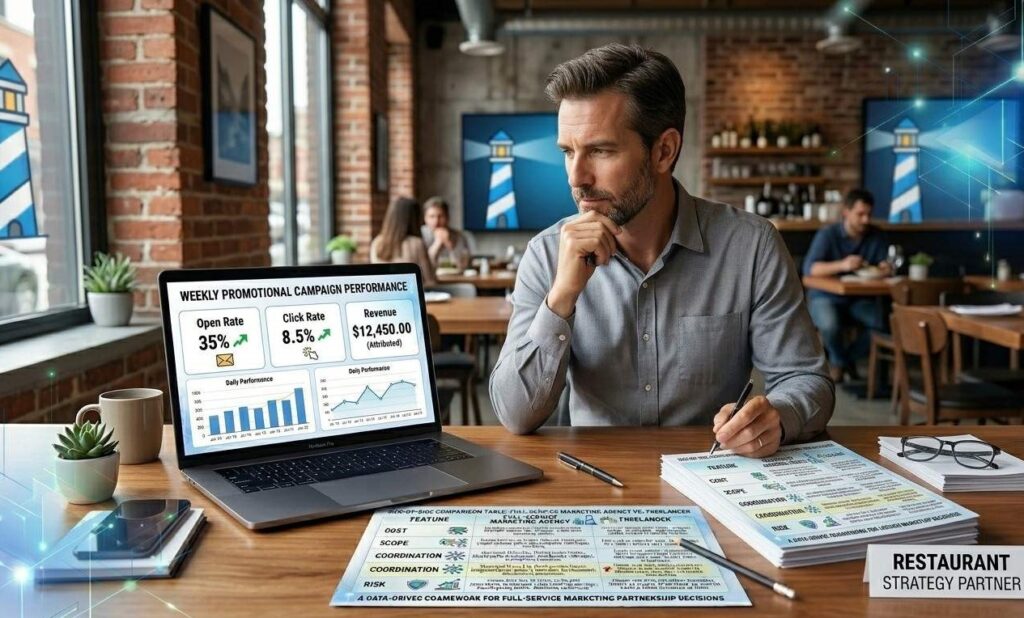 A restaurant owner reviewing an email marketing dashboard on a laptop showing open rate, click rate and revenue attributed to a weekly promotional campaign.