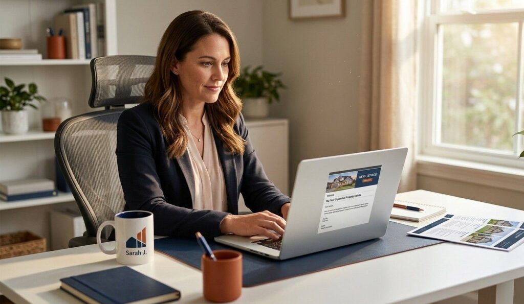 Real estate agent composing an email newsletter on a laptop at their desk, with a coffee mug and listing photos visible nearby