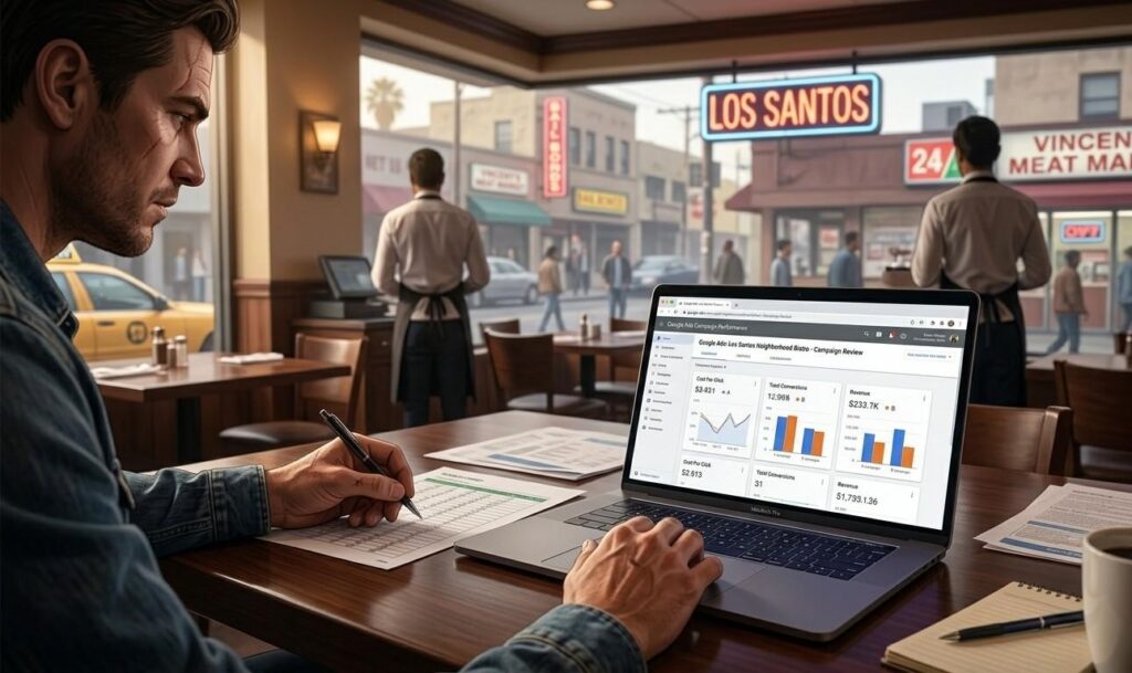 Restaurant owner reviewing Google Ads campaign performance on a laptop at a dining table before lunch service
