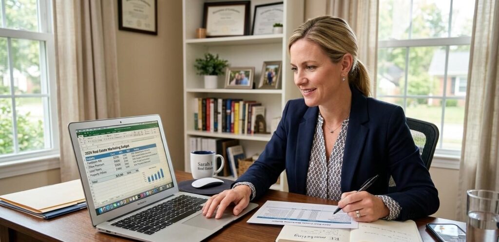 Real estate agent reviewing a marketing budget spreadsheet on a laptop at a home office desk
