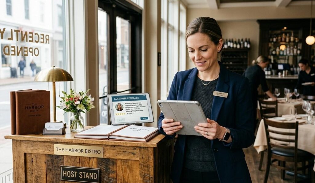 Restaurant manager reading a customer review on a tablet at the host stand before opening