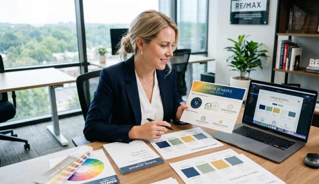 Real estate agent reviewing brand color palette and logo options for a personal website redesign