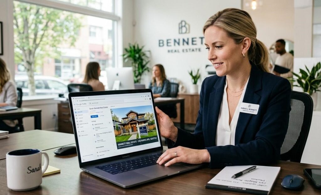 Real estate agent updating their Google Business Profile on a laptop with a recent listing photo open