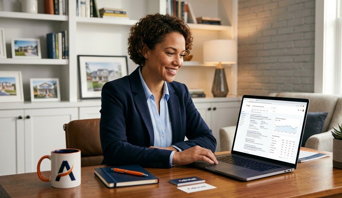 A confident real estate agent sitting at a desk, reviewing analytics on a laptop screen showing Google Search results. Clean home office setting, warm lighting, Adnnel navy-and-orange color accents on the desk items.