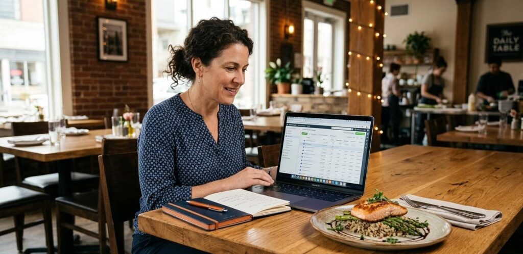 A restaurant owner in their dining room, sitting at a table with a laptop showing a Facebook Ads Manager dashboard. A beautifully plated dish sits beside the laptop. Warm ambient lighting, wooden table, casual professional tone. Adnnel navy and burnt-orange color accents visible on a notebook nearby.