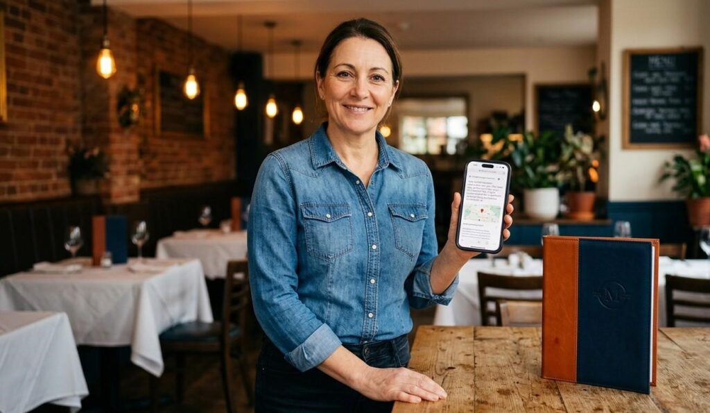 A restaurant owner in their dining room holds a smartphone. The screen shows a ChatGPT or Google AI Overview response that reads 'Top Italian restaurants near you: [Name]...' The restaurant interior is warm and in soft focus behind them. Adnnel navy and burnt-orange colour accents visible on a nearby menu.