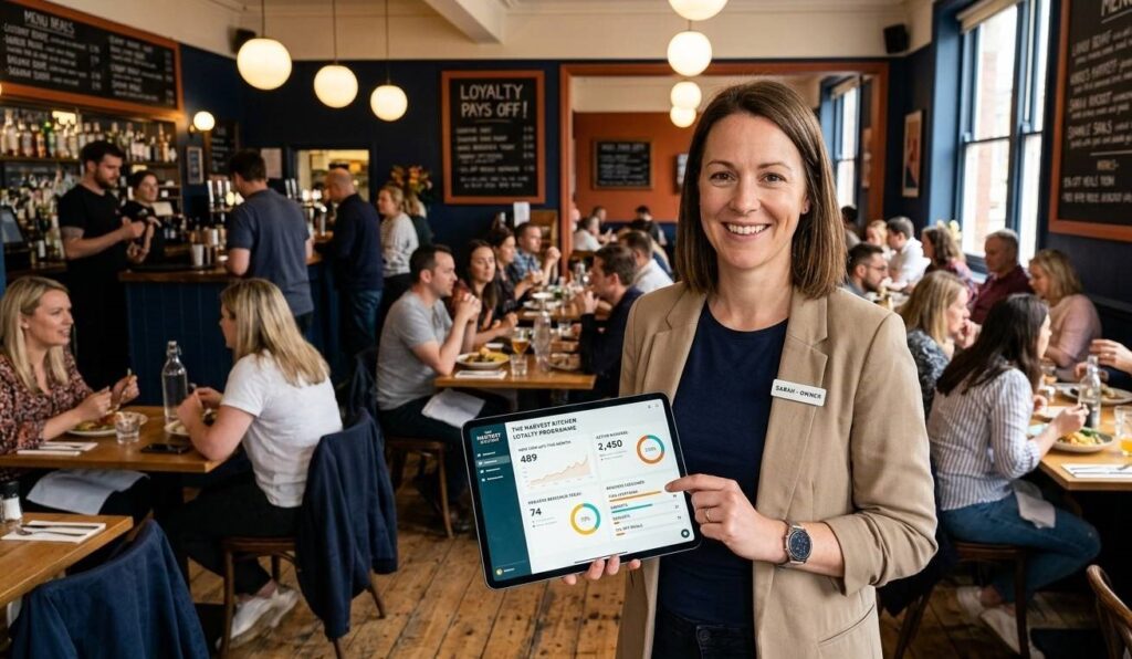 Restaurant owner reviewing a loyalty programme dashboard on a tablet, with a busy dining room visible in the background