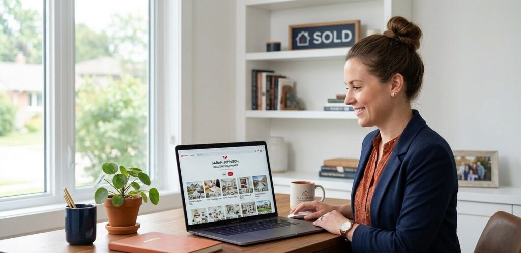 Real estate agent browsing their Pinterest business profile on a laptop showing boards for neighbourhood guides, home staging and buyer tips