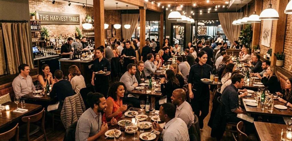 A busy restaurant dining room with all tables occupied during evening service, representing successful restaurant lead generation strategies.  