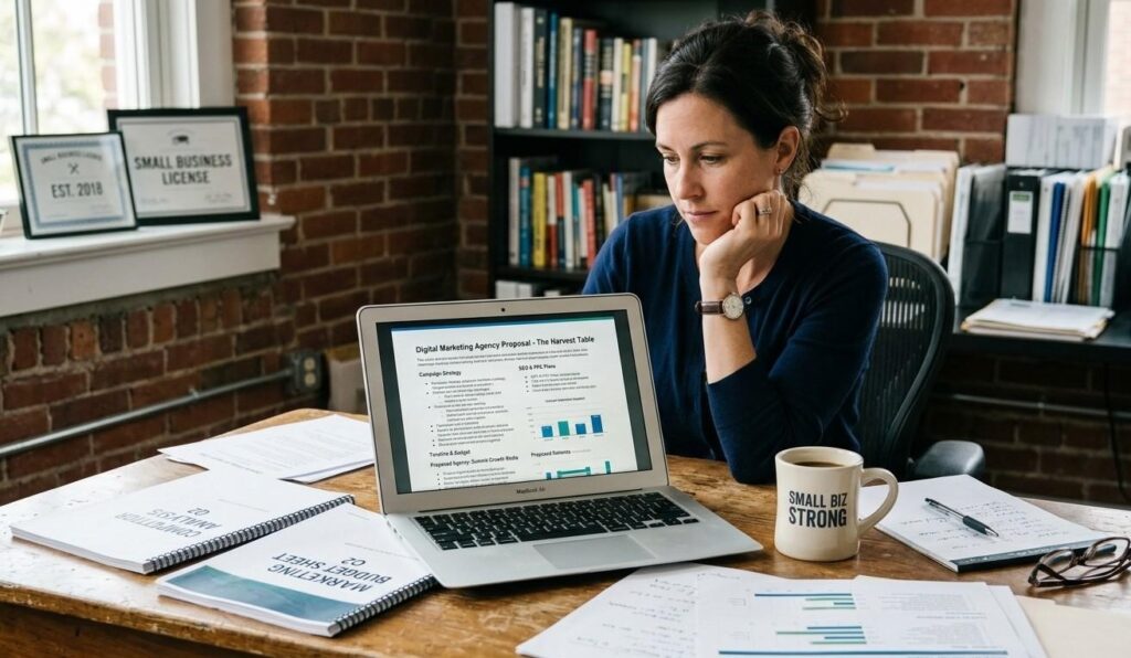 A small business owner reviewing a digital marketing agency proposal on a laptop, surrounded by printed reports and a coffee cup, looking thoughtful.