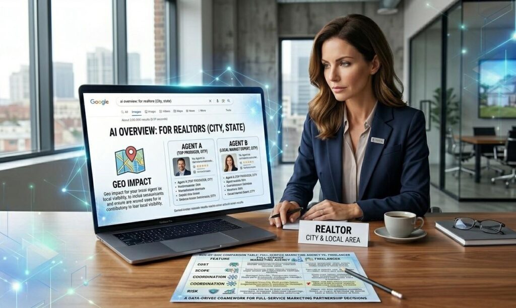 A realtor sitting at a desk reviewing a laptop screen showing a Google AI Overview result that names two competing agents, illustrating the impact of GEO for real estate agents.  