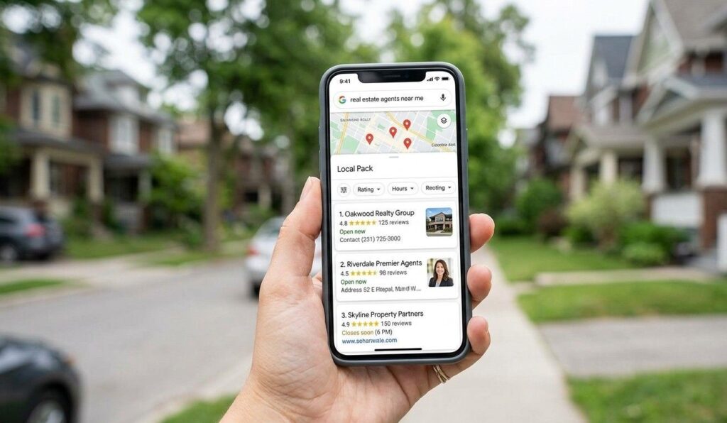 A smartphone held in hand displaying a Google Maps local pack result for a real estate agent, with three listing cards visible. Blurred residential neighbourhood in the background.