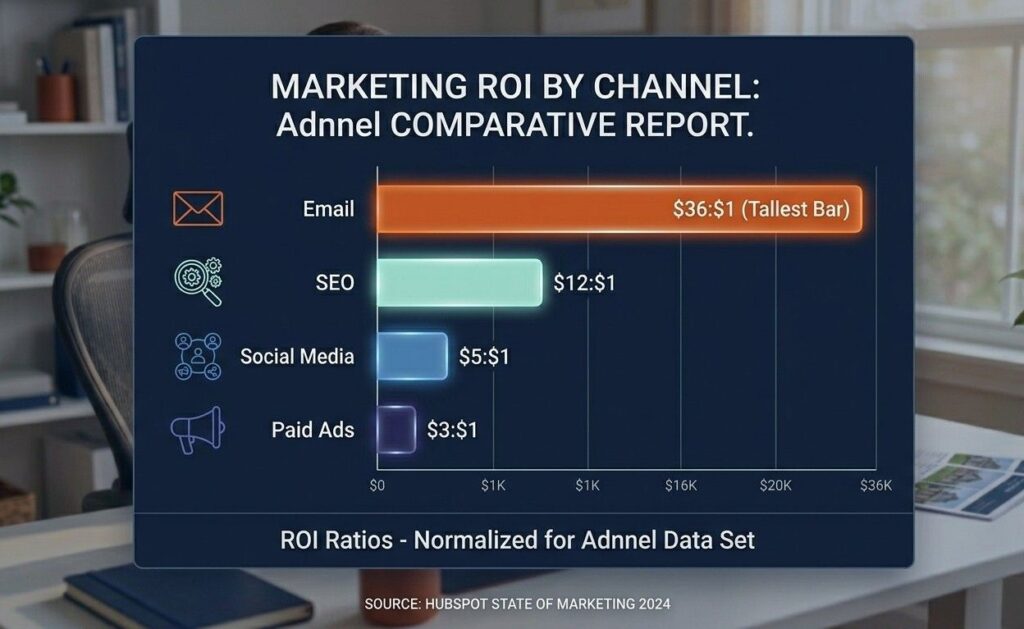 ROI comparison bar chart showing email marketing returning $36 per $1 spent compared to other digital marketing channels