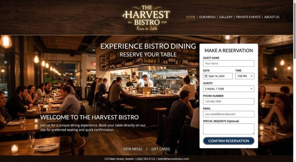 Restaurant homepage showing an embedded online reservation form without redirecting to a third-party site